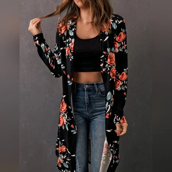Black Floral Open Front Longline Cardigan - Picture 3 of 5